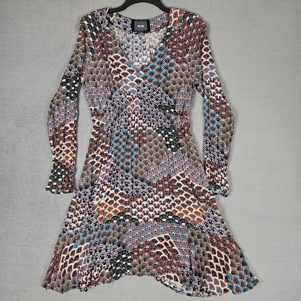 Anthropologie Maeve Monaco Empire Fan Print Mini Dress Medium Long Sleeve V-Neck
